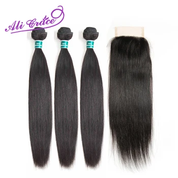 Ali Grace Перуанские человеческие волосы 3 пучка с кружевной застежкой 4 * 4 100% реми прямые волосы плетение перуанские прямые волосы с застежкой
