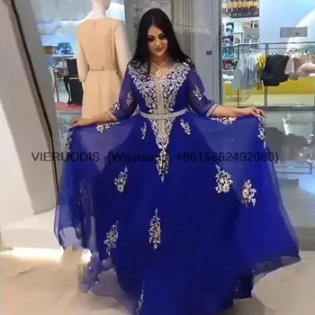 2023 Изысканный королевский синий марокканский кафтан с длинными рукавами Вечерние платья Аппликации с V-образным вырезом Арабские мусульманские банкетные платья для вечеринок