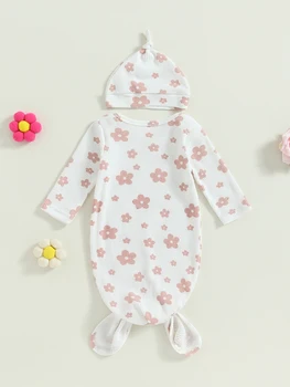 Унисекс Младенец с подходящей шапкой Уютный Новорожденный С длинным рукавом Пижамы Комплект Детское одеяло Спальный мешок для 0-6 месяцев
