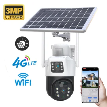 3MP 4G / WiFI Двойной объектив PTZ Солнечная камера Двойные экраны PIR Отслеживание человека на открытом воздухе WIFI IP66 Безопасность CCTV Наблюдение IP-камера
