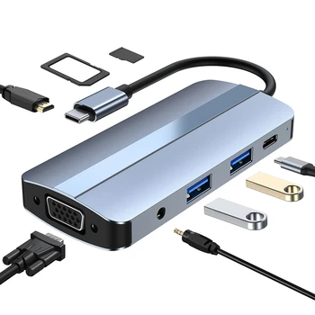 8 в 1 Тип C USB-концентратор USB 3.0 / 2.0 USB C док-станция Разветвитель Аудио AUX 1080P VGA 4K HDMI-совместимый порт SD/TF слоты для ноутбука