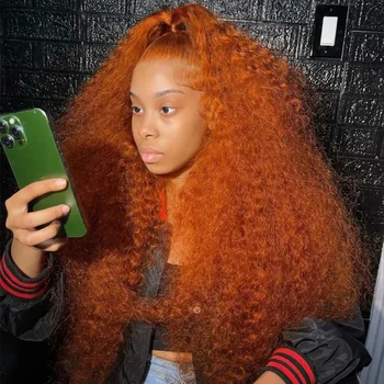 бразильский 30 38 дюймов Рыжий Оранжевый Свободный Вьющийся Прозрачный Кружевной Спереди Человеческие Волосы Глубокая Волна Цветной 13x4 Фронтальные Парики Для Женщин