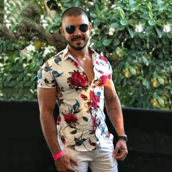 Летняя мода Мужская рубашка Slim Fit с коротким рукавом Цветочная рубашка Мужская одежда Тренд Мужская повседневная цветочная рубашка