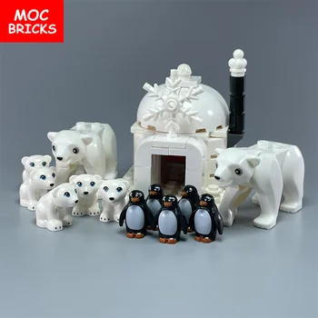 MOC Кирпичи Ледяной Животный Полярный Пингвин Пляж Строительные блоки Собранные Игрушки Для Детей Образование Подарки