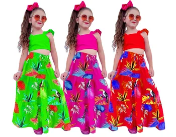  Модный набор одежды для девочек Рубашки с оборками Макси-юбки с принтом Два предмета Детские костюмы 2023 Новый летний костюм для малышей