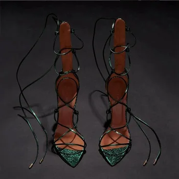 Сексуальные зеленые кожаные сандалии на высоком каблуке из змеиной кожи с острым носком и лодыжкой на шнуровке сандалии с ремешками плюс размер 45