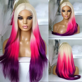 AIMEYA Ombre Фиолетовые синтетические кружевные парики спереди для женщин Платиновый светлый корни Розовый фиолетовый парик Длинные шелковистые прямые красочные парики