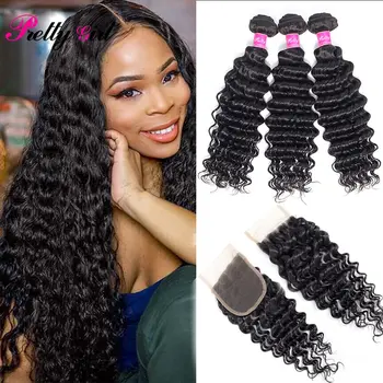  Pretty Girl Deep Wave Brazilian Hair Weave Bundles With Closure 100% Remy Человеческие волосы для чернокожих женщин Бесплатная шапочка для парика