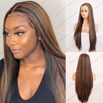 Highlight Коричневые шелковистые прямые мягкие длинные 26-дюймовые кружевные передние синтетические парики для волос для женщин бесклеевые прозрачные кружевные парики