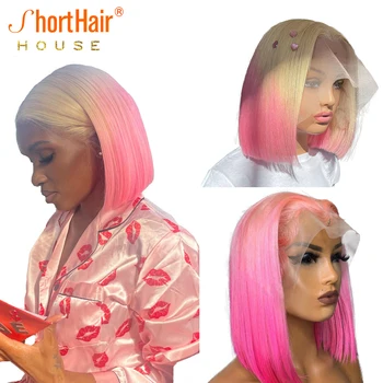 розовый розовый боб парики человеческие волосы прозрачные 13x6 кружевные передние парики из человеческих волос для женщин бразильский 613 блондинистые прямые парики ярко-розовый