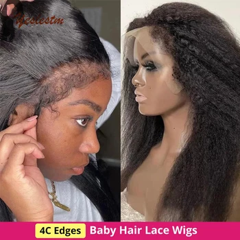 4C Kinky Edges Натуральный волосяной парик Кудрявый прямой парик из натуральных волос Yaki 13X4 Прозрачные кружевные фронтальные парики предварительно выщипанные для женщин