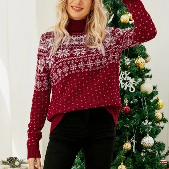 Осенний и зимний женский пуловер с высоким вырезом Контрастная вышивка Геометрический рождественский свитер с резьбой Трикотажный низ Топы