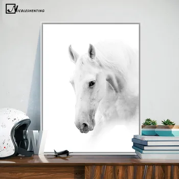 Белая лошадь Дикое животное Минимализм Художественный плакат Холст Живопись A4 Настенная картина Печать Современный дом Украшение гостиной