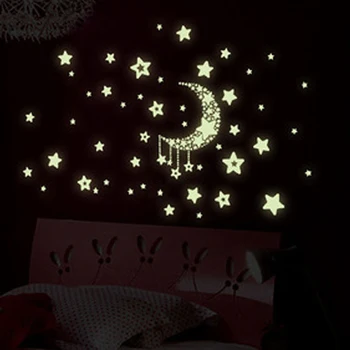 1Set Luminous Moon and Stars Wall Sticks Арт-дизайн Наклейки для детской комнаты Украшение дома Наклейки на стены Светящиеся в темноте декорации