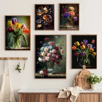 Классические цветы Картины на холсте Скандинавские винтажные плакаты Натюрморт Цветы в вазе Настенное искусство Картина Домашний декор Cuadros