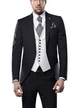Новое поступление на заказ Slim Fit Blazer Черный полный мужской костюм для свадьбы пик лацкан жениха носить 3 шт. пиджак + белый жилет + брюки + галстук