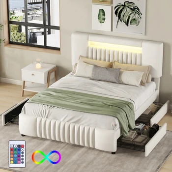  мягкая кровать 140x200 см, современная двуспальная кровать с 4 ящиками и светодиодным изголовьем,молодежная кровать для взрослых со световой штангой,мебель для спальни