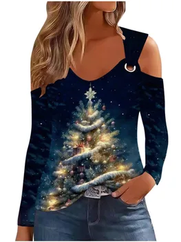 Рождественская футболка для женщин Повседневные топы с длинным рукавом Рубашки и блузки с открытыми плечами Молодежная одежда для женщин 2023 Новые поступления