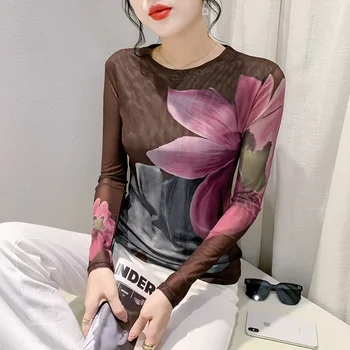 осень зима сетчатый принт футболка с длинным рукавом rund-neck slim fit женская одежда винтаж футболки бесплатная доставка корейский ropa mujer