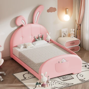 Мягкая кровать принцессы в форме кролика,Кровать-платформа двойного размера с изголовьем и изножьем,Розовый/белый