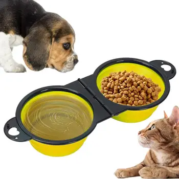  Складная миска для воды с кормом для собак 2 в 1 Силиконовая миска для корма для домашних животных и кормушка для воды Портативная дорожная миска для кормления домашних животных Миска для кошек двойная