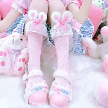 Lolita-Crew Носки Мягкие носки средней длины Ins Кроличьи уши Бант Кружева Аниме Чулочно-носочные зимние носки Теплые вязаные носки для женщин