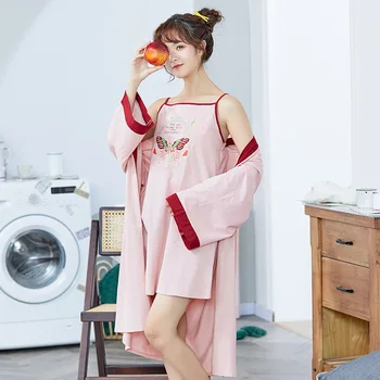 женский принт бабочка 2 шт. халат комплект ночная рубашка в китайском стиле сексуальная спальная рубашка с V-образным вырезом хлопковое кимоно халат с поясом домашняя одежда