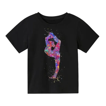 Гимнастическая девушка Шаблон 3D-печать Новые детские футболки Детская черная футболка Повседневные спортивные футболки с коротким рукавом Мода Уличная одежда