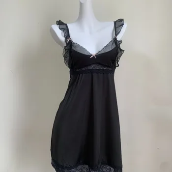 Романтическая ночная рубашка для женщин Милая кружевная ночная рубашка с оборками Черная французская мини-платье для сна с V-образным вырезом Нижнее белье Сексуальная одежда для сна
