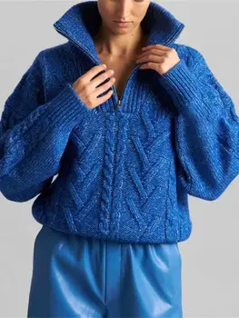 Женщины Синий вязаный свитер в рубчик С длинным рукавом Половина молнии Мода 2022 Осень Зима Женский пуловер