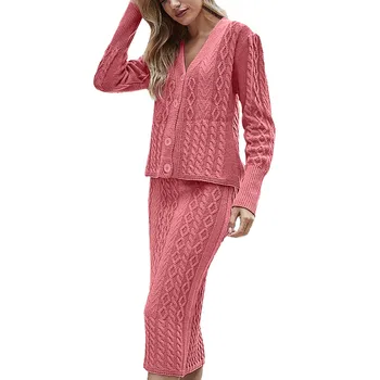 2023 Новый свитер с V-образным вырезом, обнимающая бедра юбка, комплект из двух частей, женский модный повседневный трикотажный костюм, элегантные и универсальные комплекты платьев