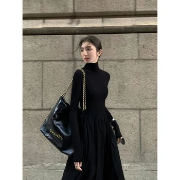 2023 Новый французский стиль темперамента Женское высококачественное черное платье Стиль серого платья с высоким воротником для женщин Осень и зима