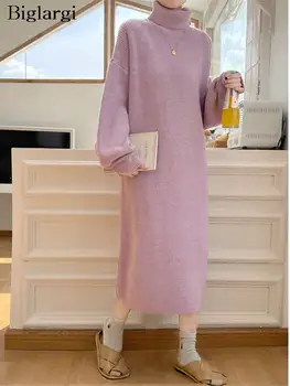 Вязаная водолазка осень-зима длинное платье женщины корейские моди свободные женские платья с оборками плиссированные женское платье с длинным рукавом 2023