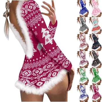 Рождественские боди Сексуальные рождественские пижамы с длинным рукавом Сексуальное боди Комбинезон Короткий комбинезон Femme Sexys комбинезон для йоги