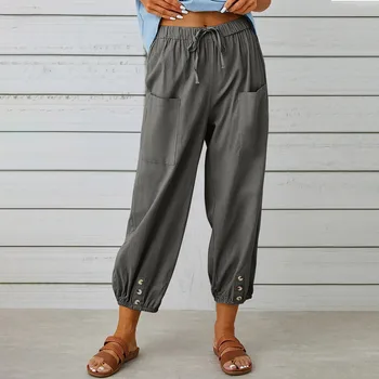 хлопок льняные карманы широкие брюки женские винтажные модные элегантные брюки полной длины твердые эластичные талия весна осень 5XL