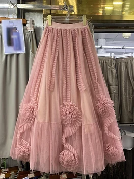 французский шик вуаль юбки женщины с высокой талией эластичный 3D цветочный тюль женский Mujer Faldas сетчатая юбка женская одежда дропшиппинг