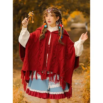 Этнический экзотический стиль Красный винтажный женский свитер Пальто с капюшоном Свободная кисточка Однотонная трикотажная накидка Autunm Зима