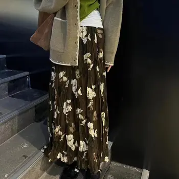 2024 Женская осень-зима Новая Корея Свободная Женская длинная плиссированная юбка А-силуэта Женская мода с высокой талией Юбки с принтом Q680