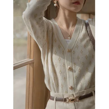 Трикотажная рубашка, топ, женский V-образный вырез, шелк из белого золота, ленивый стиль и другие нижние свитера