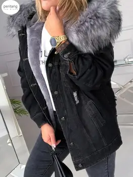 Женская джинсовая куртка Теплая искусственная меховая верхняя одежда оверсайз женская одежда с капюшоном для осени и зимы Пальто с длинным рукавом на пуговицах