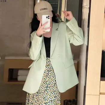 Элегантное зеленое пальто-блейзер для женщин весна-осень 2023 Новый корейский уличный костюм Пальто Офис Леди Повседневная куртка на пуговицах