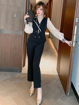 Модная контрастная строчка рукав-фонарь блузка с V-образным вырезом + узкий костюм с высокой талией брюки костюм женский 2020 начало осени новый