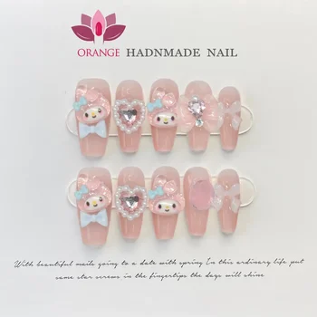  Ручная работа Розовый пресс на ногтях Симпатичная Корея Многоразовое украшение Искусственный ногти Полное покрытие Искусственный маникюр Носимый оранжевый магазин ногтей