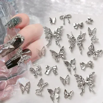 10 шт. Ювелирные изделия из серебряного сплава для улучшения ногтей 3D Лук Металл Большая Бабочка Шарм Глиттер Ногти Алмаз Украшения для ногтей
