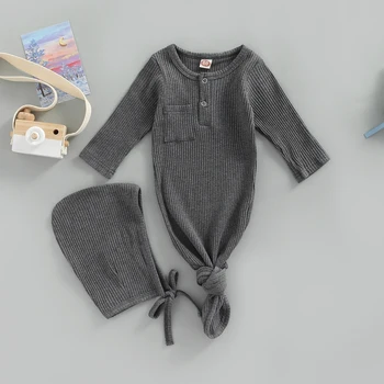  Набор спальных мешков для новорожденных Мягкий хлопок в рубчик с длинным рукавом Карман Передняя кнопка Спальный мешок + Завязывающаяся шапочка Детская пижама