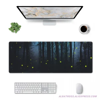 Fireflies In Dark Blue Forest Игровой коврик для мыши Резиновые прошитые края Коврик для мыши 31,5 '' x 11,8 ''