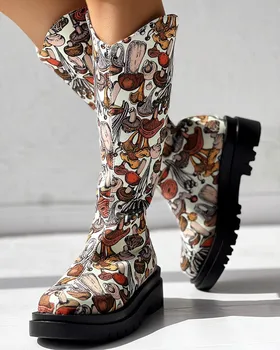 Сапоги Женская платформа с грибным принтом Платформа над икрой Длинные сапоги с принтом граффити Платформа на массивных каблуках Удобная женская обувь Телячья